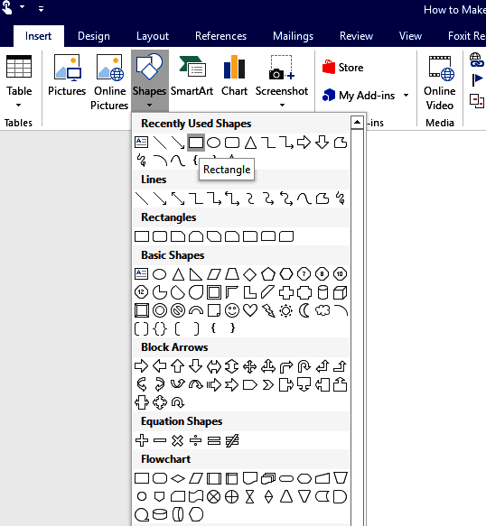 click insert-shapes in ms word