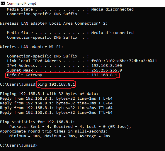 check default gateway through cmd