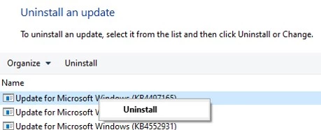 uninstall updates from control panel