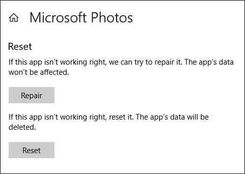repair or reset the app To fix photos app issues