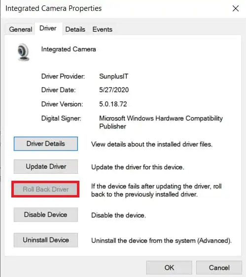 Roll back driver updates to fix windows 10 camera