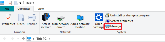 Click Manage from 'This PC' properties