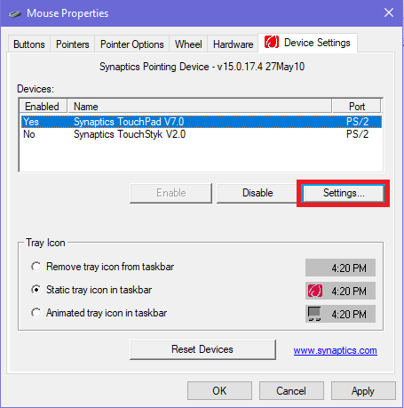 touchpad device settings