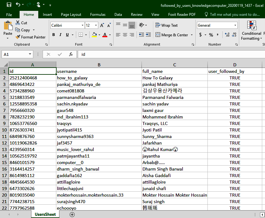 instagram followers in excel file