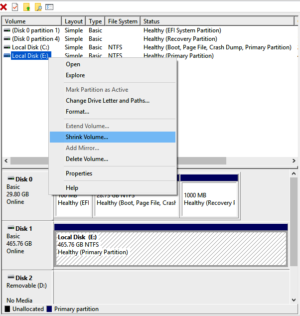 select a disk and shrink its volume to free up space on hard drive