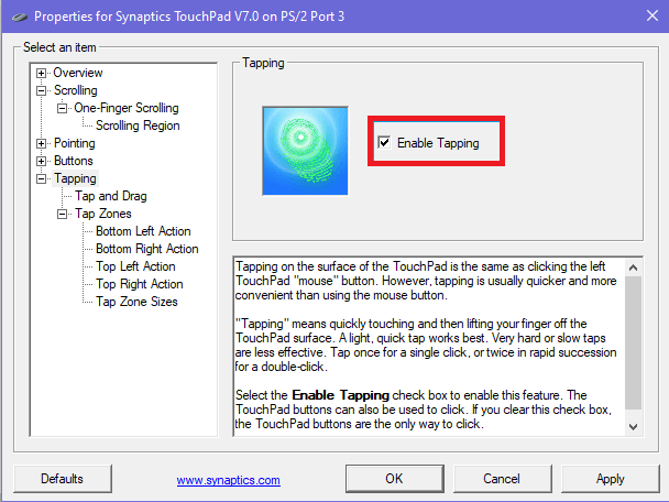 synaptic touchpad properties