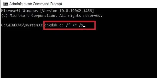 type 'chkdsk d: /f /r /x' to fix disk errors