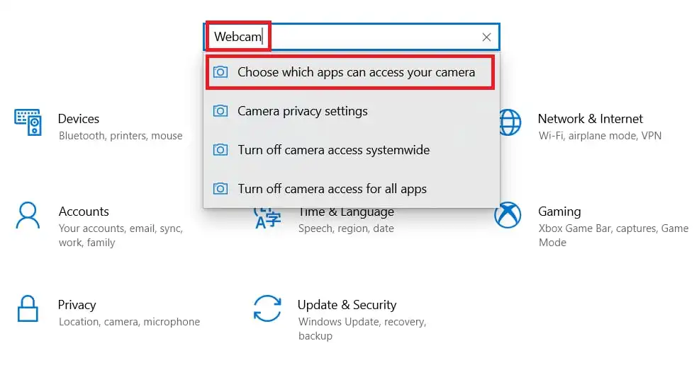 Open settings and search for webcam to troubleshoot webcam