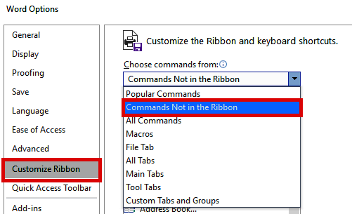 customize ribbon- Commands not in the ribbon