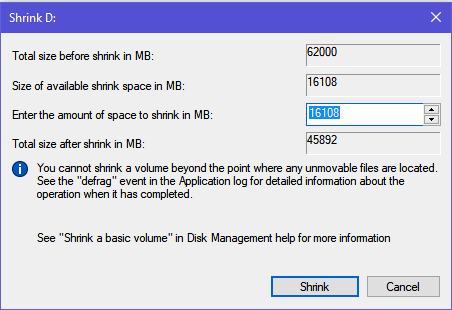 enter the amount of space to shrink