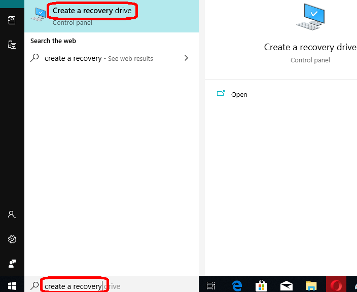 open the recovery drive app from control panel