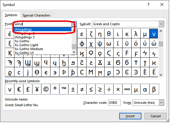 Symbols > Wingdings font
