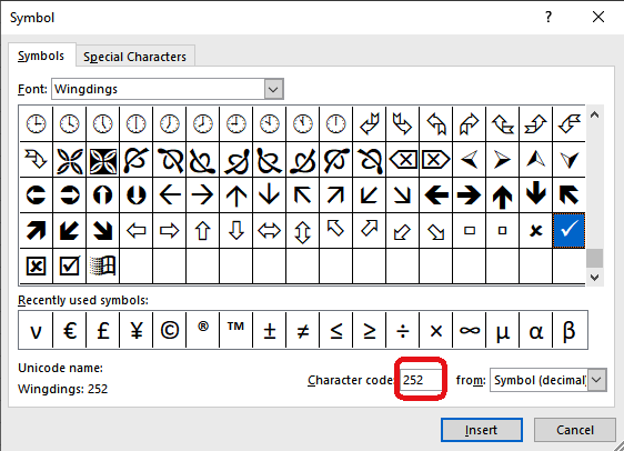 insert check mark or tick mark symbol
