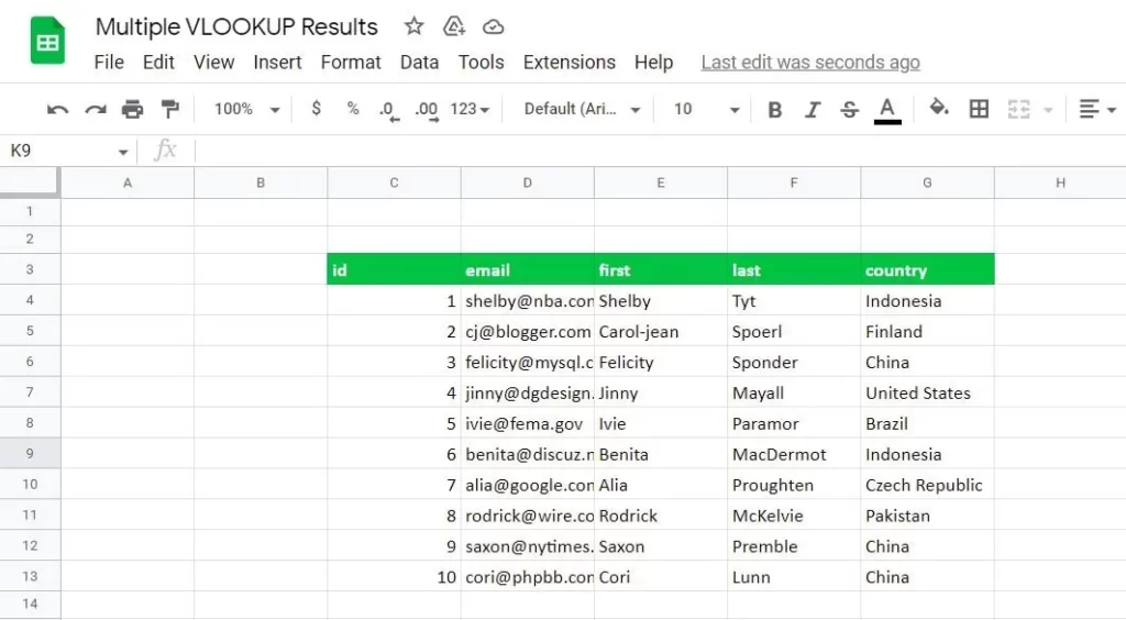 Example vlookup table