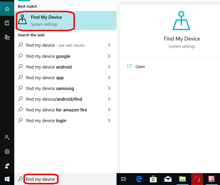 Open "Find my Device" settings in Windows 10