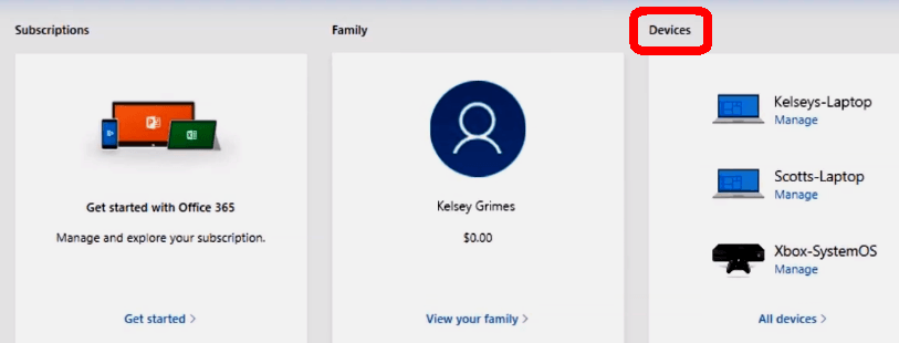 open microsoft account and click on 'devices'