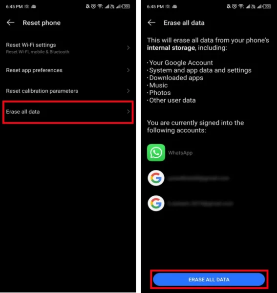 Erase all data to factory reset android phone