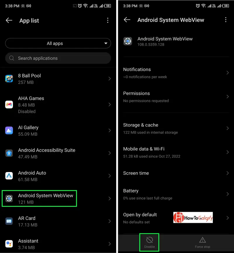 App list menu showing Android System WebView app and its disable button
