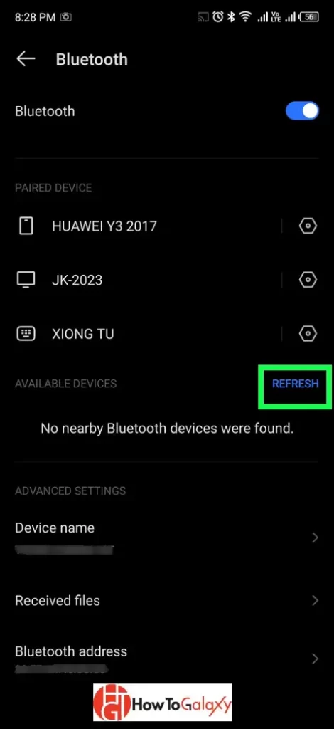Bluetooth settings menu showing paired devices and refresh option