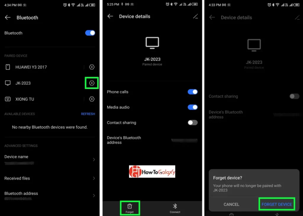 Bluetooth menu showing paired devices and option to forget devices