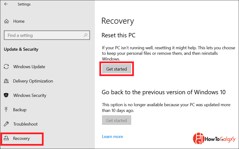 Recovery menu showing Reset this PC option