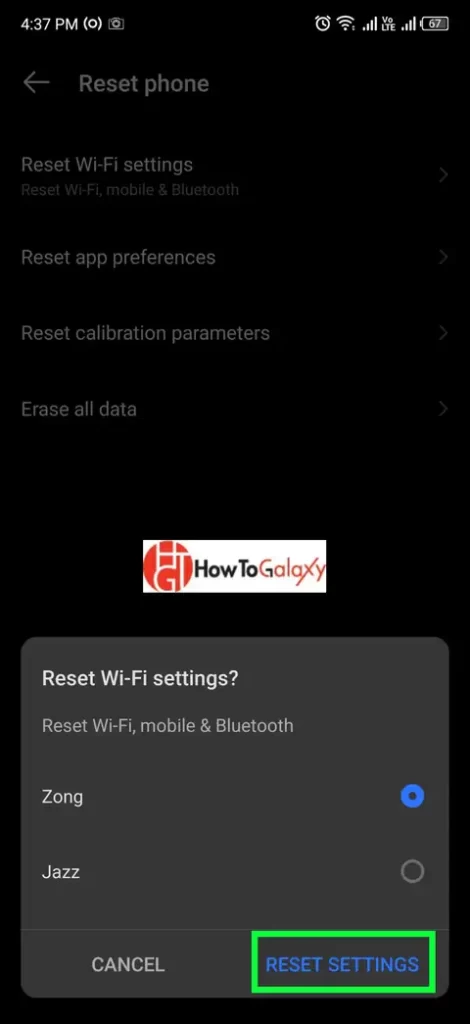 Reset phone menu in android phone showing the confirmation to reset Bluetooth settings