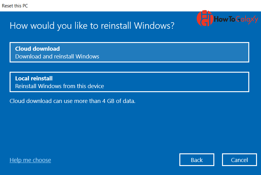Windows reset menu showing 'cloud download' and 'local reinstall' options