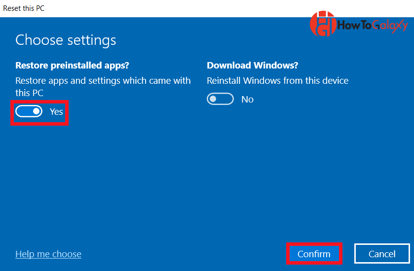 Reset settings menu showing the option to restore preinstalled apps and download Windows