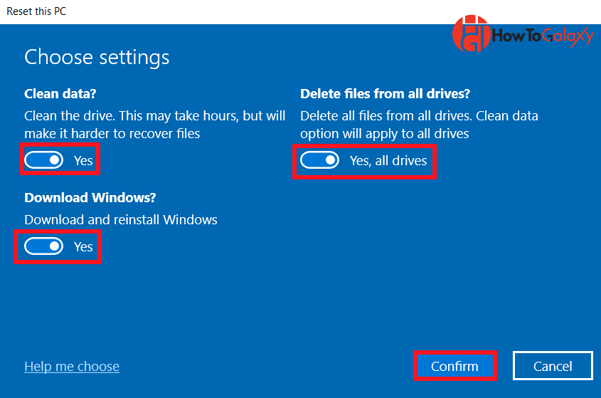 Reset menu showing options to delete data and files from all drives