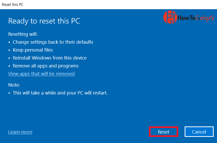 The image showing the option to Factory reset Windows 10