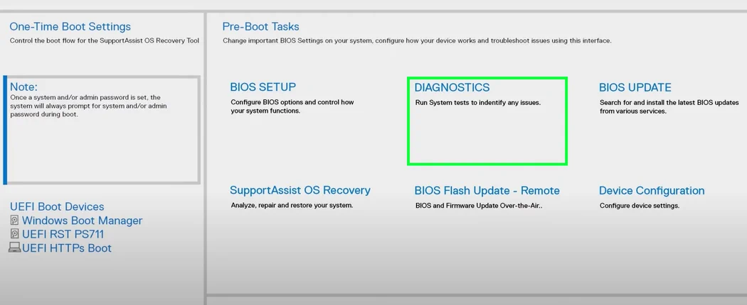 One-time boot menu showing diagnostics and other options