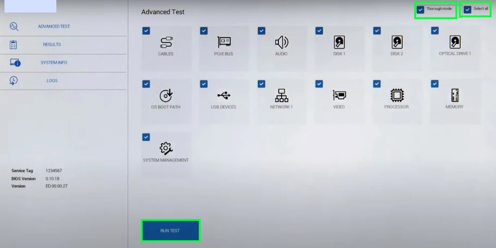 Advanced test menu showing many options for Dell ePSA test