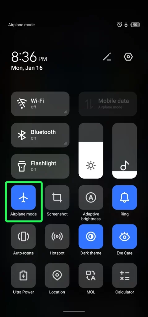 Airplane mode option is highlighted and other options are visible