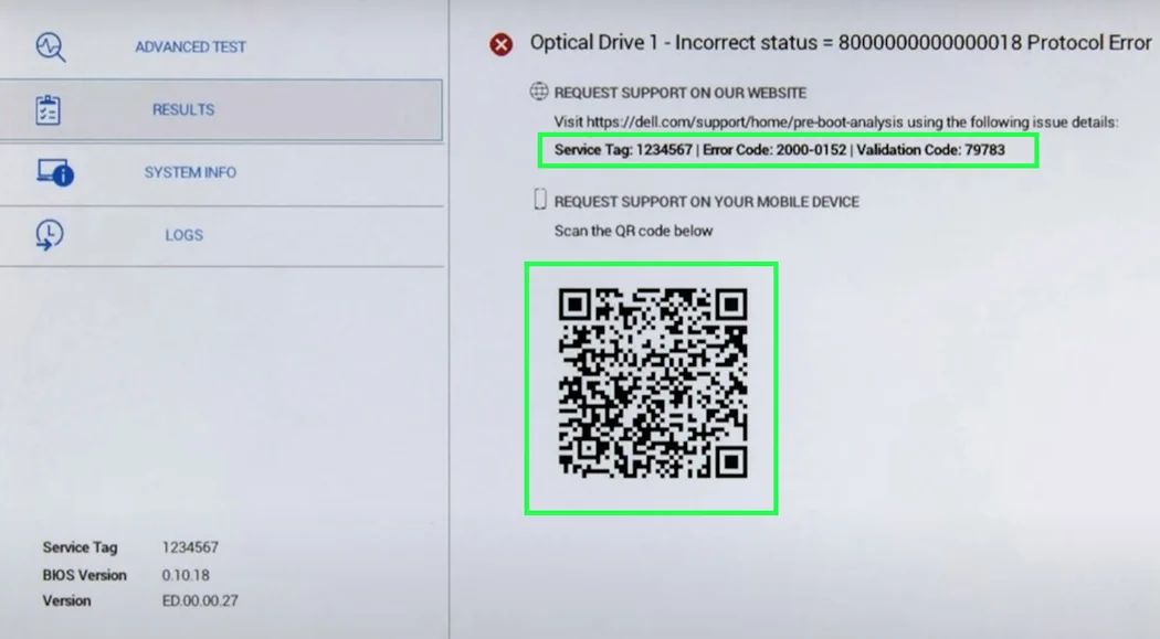 Enhanced pre-boot system assessment test shows an error code, QR code, and other information