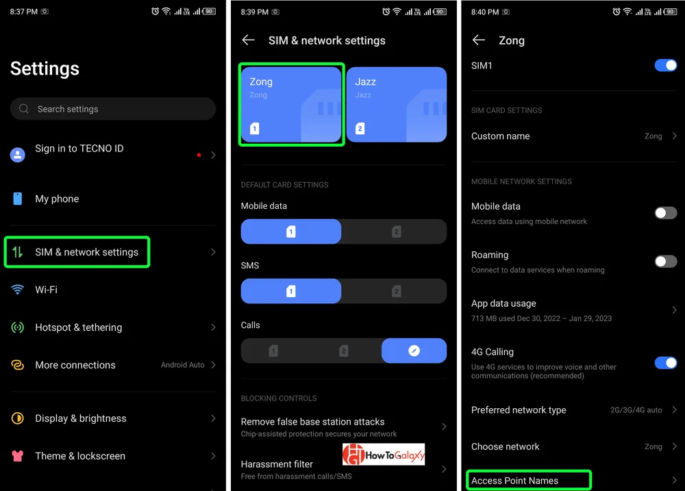 Image showing different options in SIM and network settings