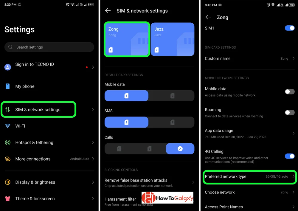 Preferred network type option is highlighted and other options are visible