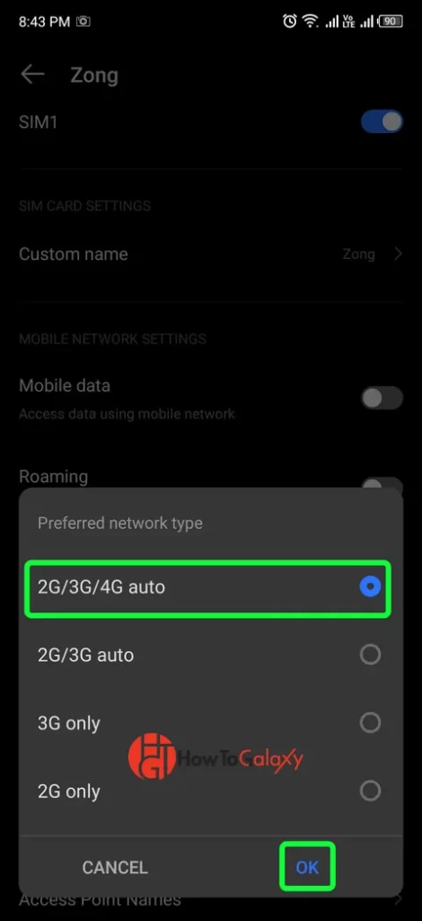 2G/3G/4G auto option for mobile data is highlighted