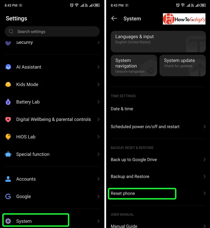Reset phone option is highlighted in the System menu