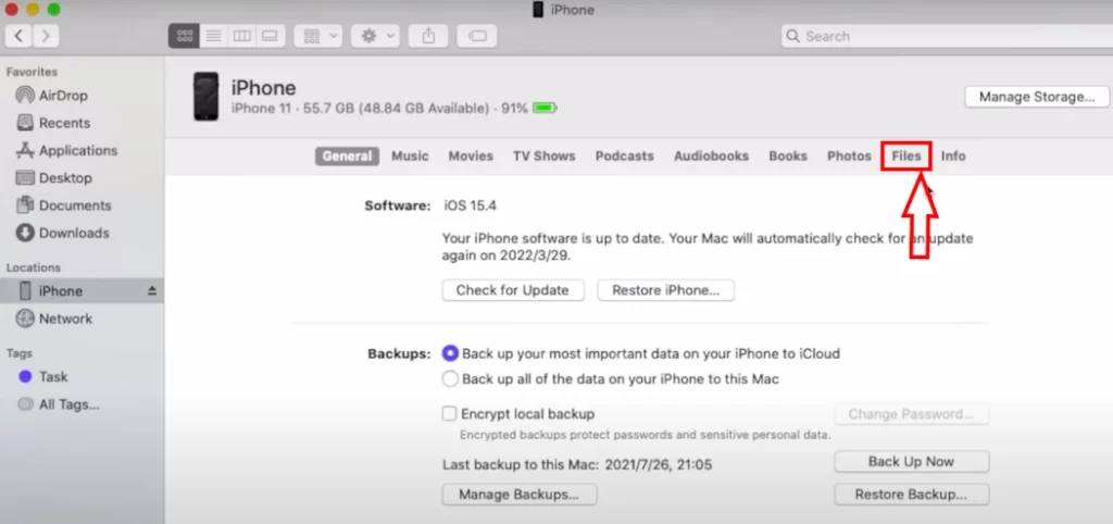 iPhone menu is showing is Finder's app