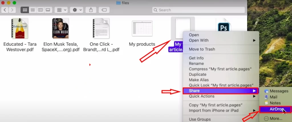 Image showing a file with right-click on it and showing Share and AirDrop options along with other options