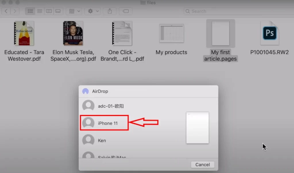 A popup menu showing different devices connected to Mac including iPhone