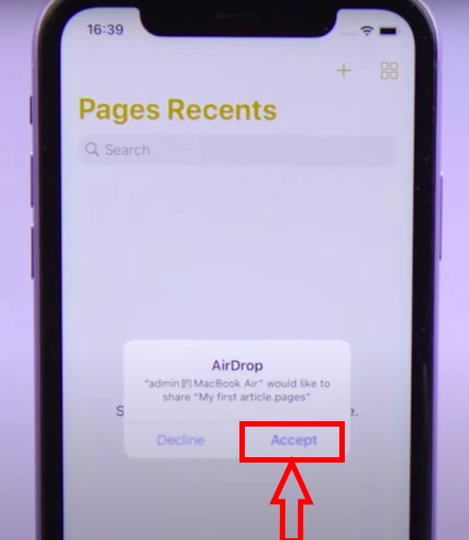 Image showing a prompt to accept the file transfer between Mac and iPhone