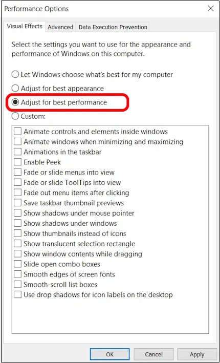 Performance options window is showing several settings for improving gaming performance