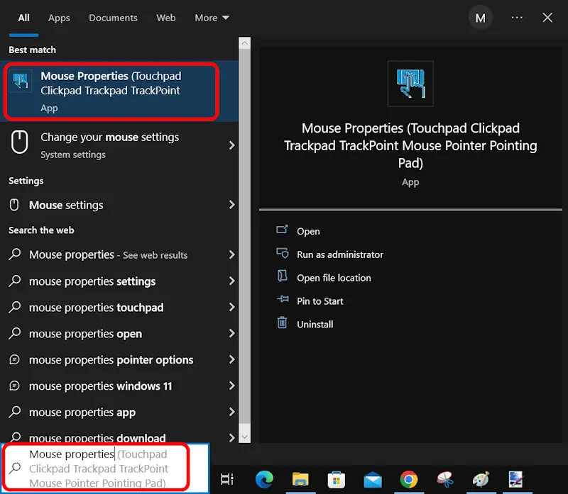 launching mouse properties from the start menu search