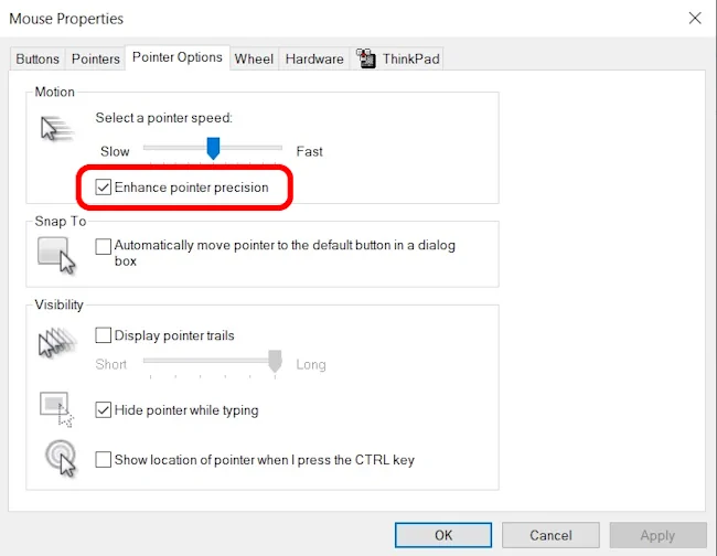 Mouse properties box is showing many options including Enhance pointer precision