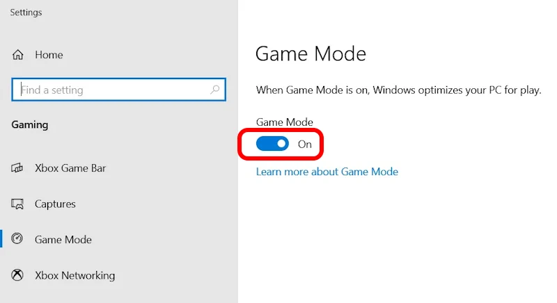 Game mode option is visible. Enable it to optimize pc for gaming