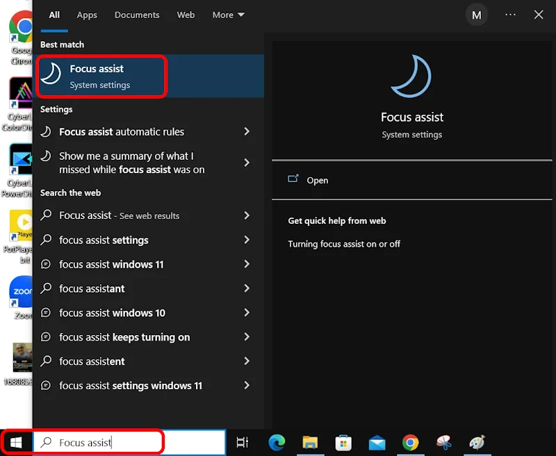 Launching focus assist from the start menu
