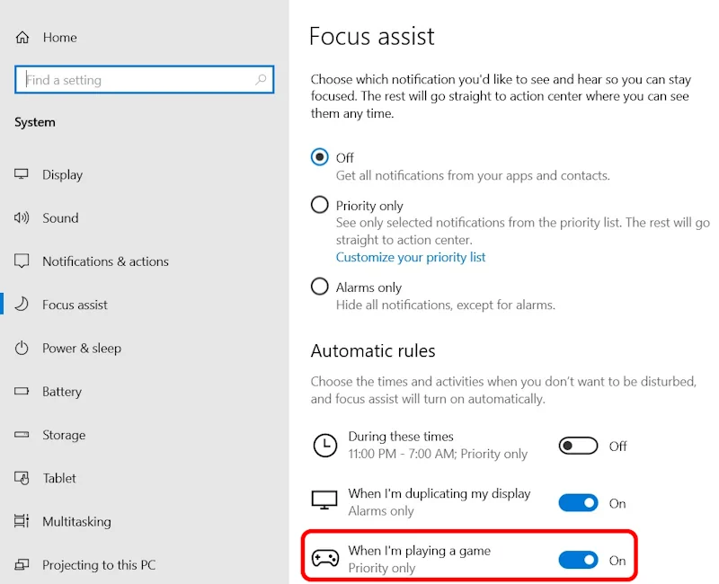 Focus assist menu showing many options for gaming optimization