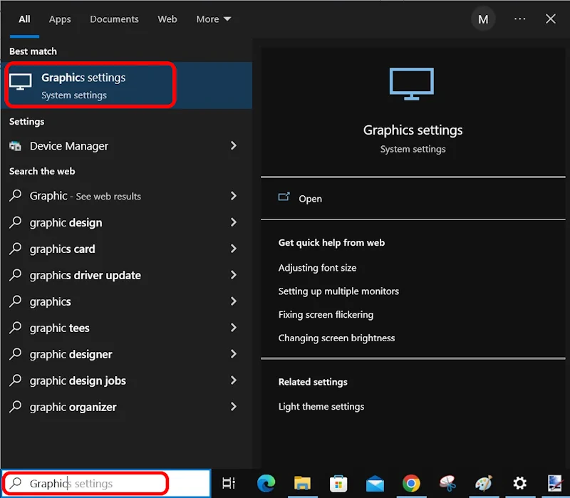 launching graphics settings from the start menu search
