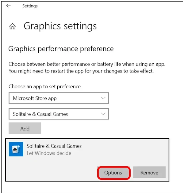 Graphics settings menu showing the app preferences and highlighting Options